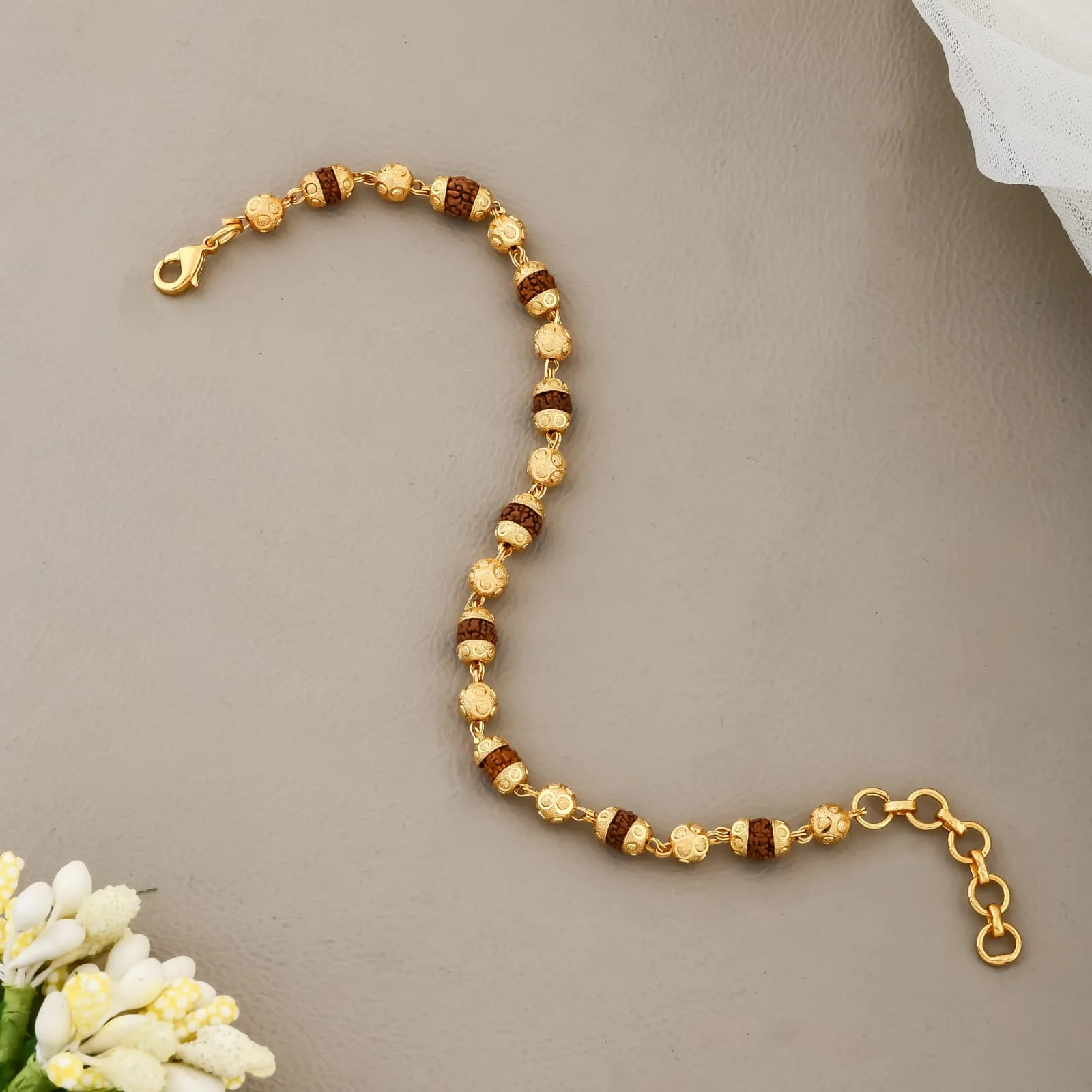 Adjustable Rudraksha & Golden Beads Bracelet – Elegant Ethnic Healing Kada(R-5) - Image 3