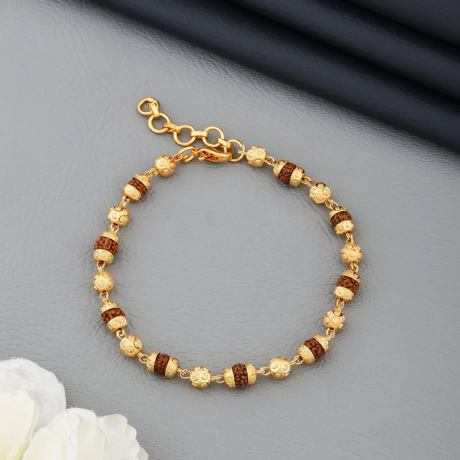 Adjustable Rudraksha & Golden Beads Bracelet – Elegant Ethnic Healing Kada(R-5) - Image 4