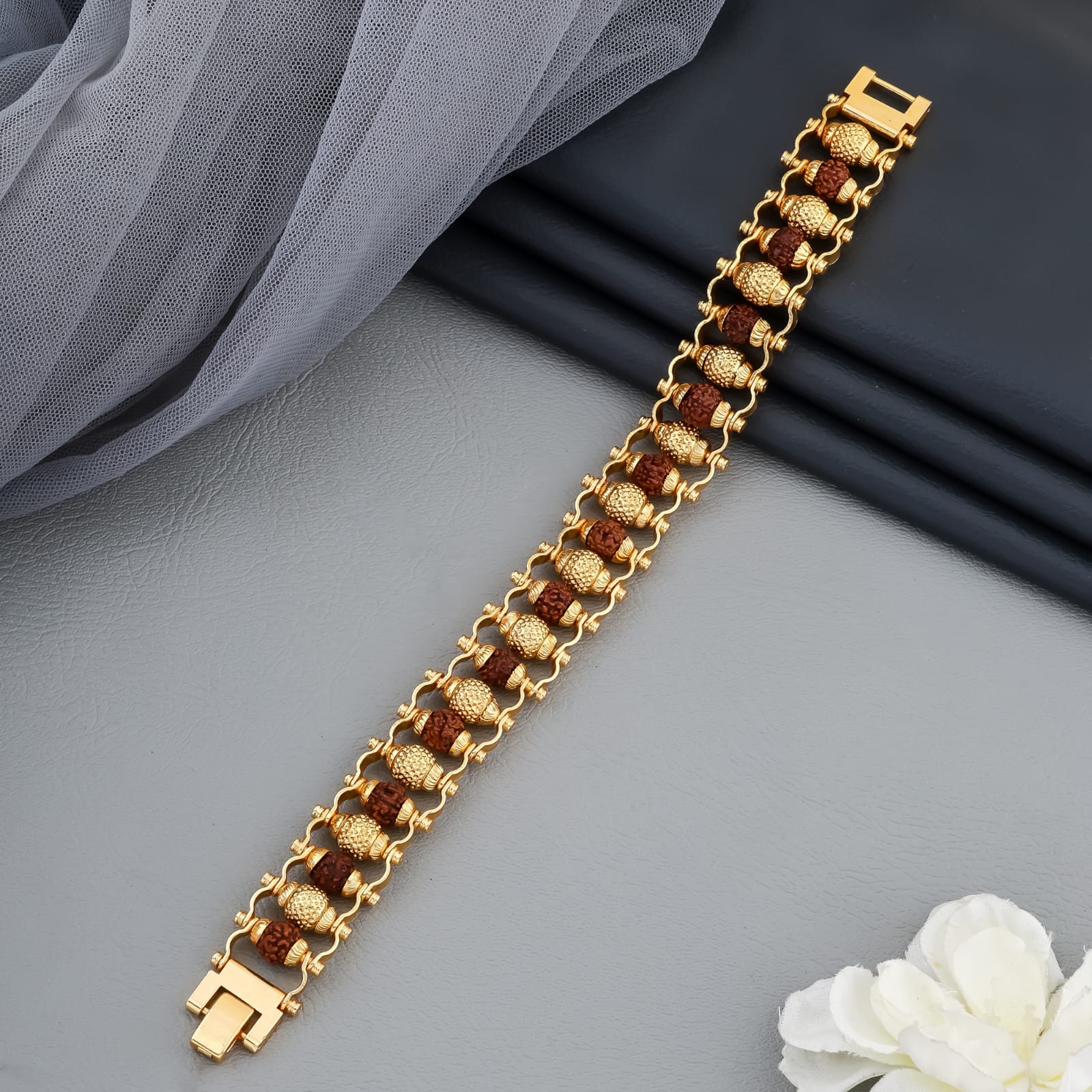 Dual-Line Rudraksha & Gold Polished Beads Kada Bracelet – Heavy Designer Wristwear(R-7)