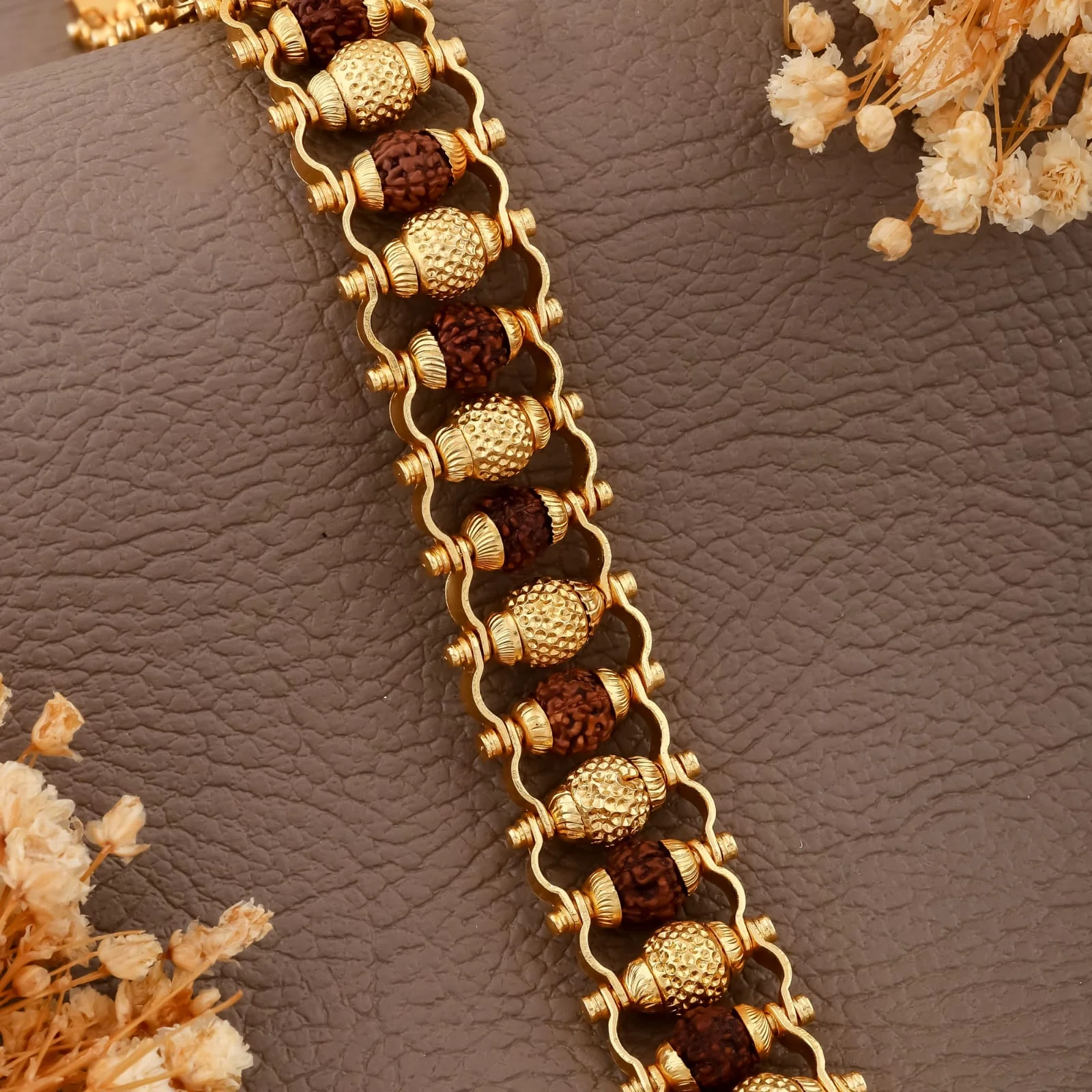 Dual-Line Rudraksha & Gold Polished Beads Kada Bracelet – Heavy Designer Wristwear(R-7) - Image 2