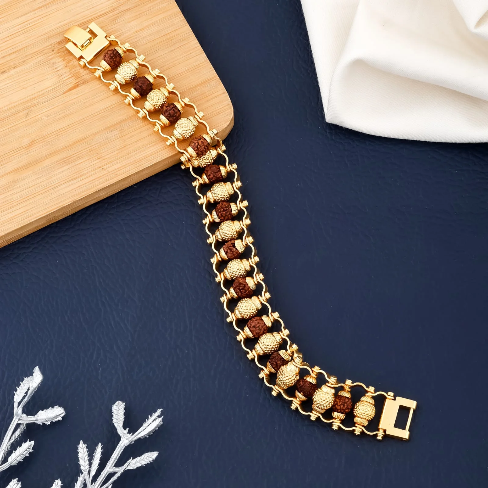 Dual-Line Rudraksha & Gold Polished Beads Kada Bracelet – Heavy Designer Wristwear(R-7) - Image 3