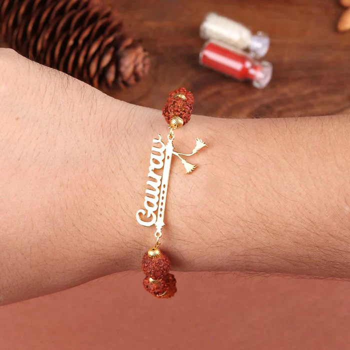 🪔 Personalized Rudraksh Name Rakhi with Flute Design – Handcrafted Raksha Bandhan Gift - Image 3