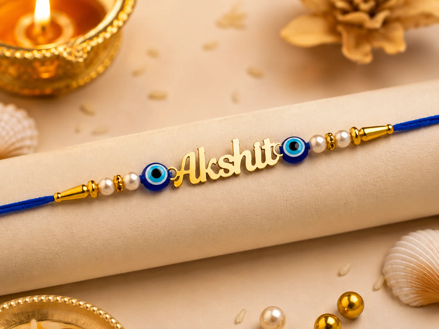 Personalized Evil Eye Name Rakhi with Pearl Beads | Custom Gold Name Rakhi for Brother | Handmade Raksha Bandhan Gift - Image 3