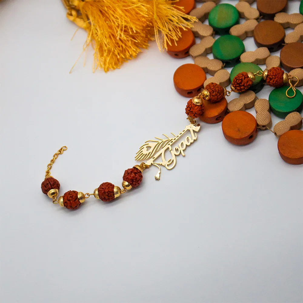Personalized Rudraksh Name Rakhi with Morpankh Design – Handcrafted Raksha Bandhan Gift - Image 3