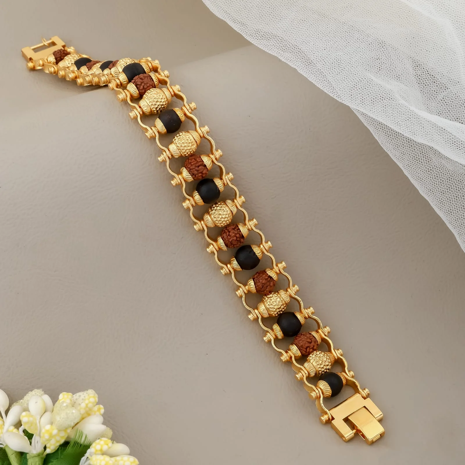 Premium Triple-Line Rudraksha, Black Beads & Gold-Tone Kada Bracelet – Heavy Designer Look(R-6) - Image 3