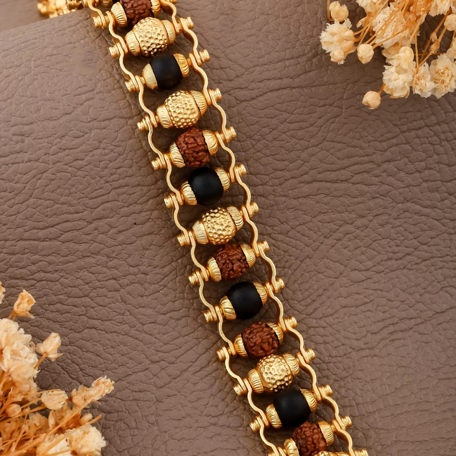 Premium Triple-Line Rudraksha, Black Beads & Gold-Tone Kada Bracelet – Heavy Designer Look(R-6) - Image 4