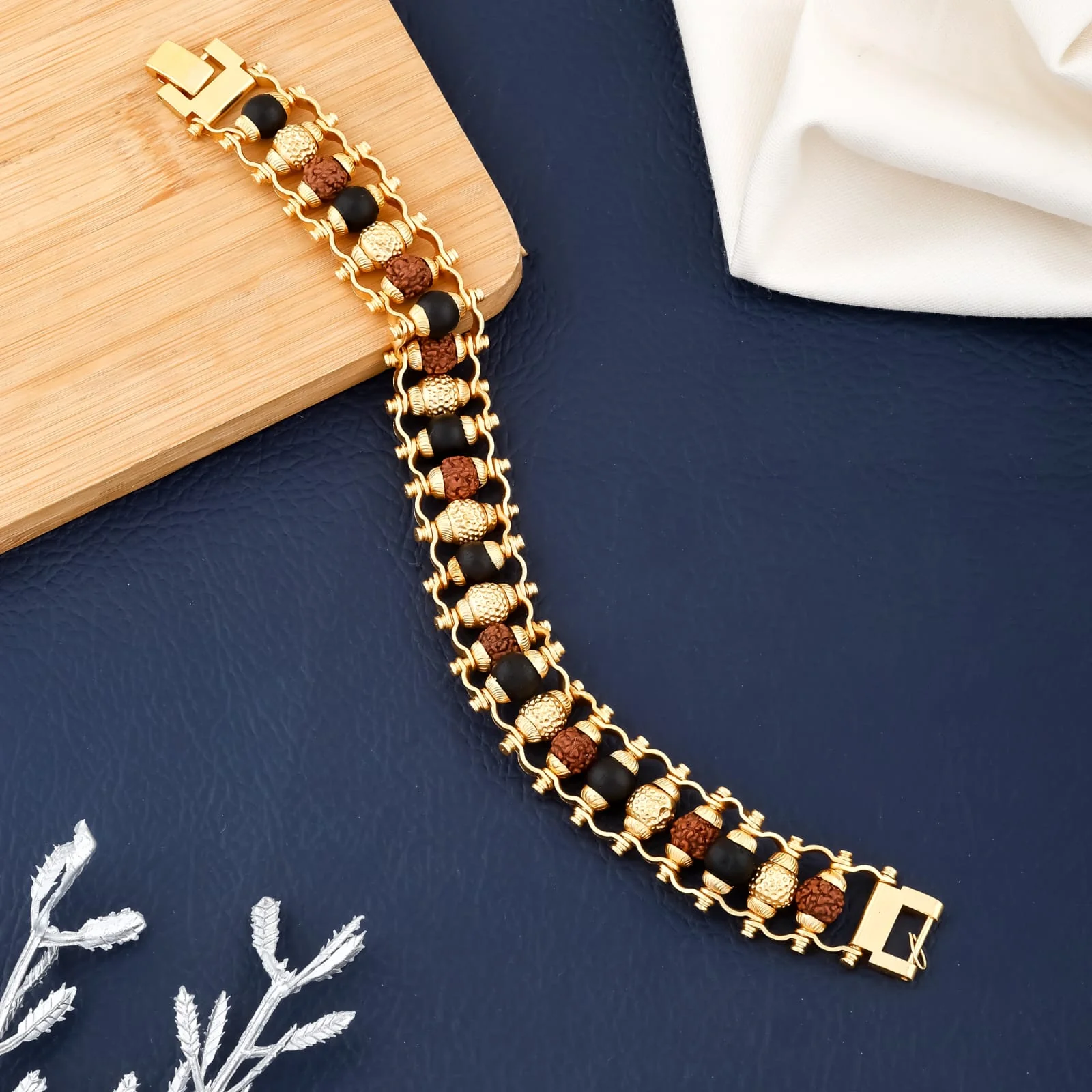 Premium Triple-Line Rudraksha, Black Beads & Gold-Tone Kada Bracelet – Heavy Designer Look(R-6) - Image 5