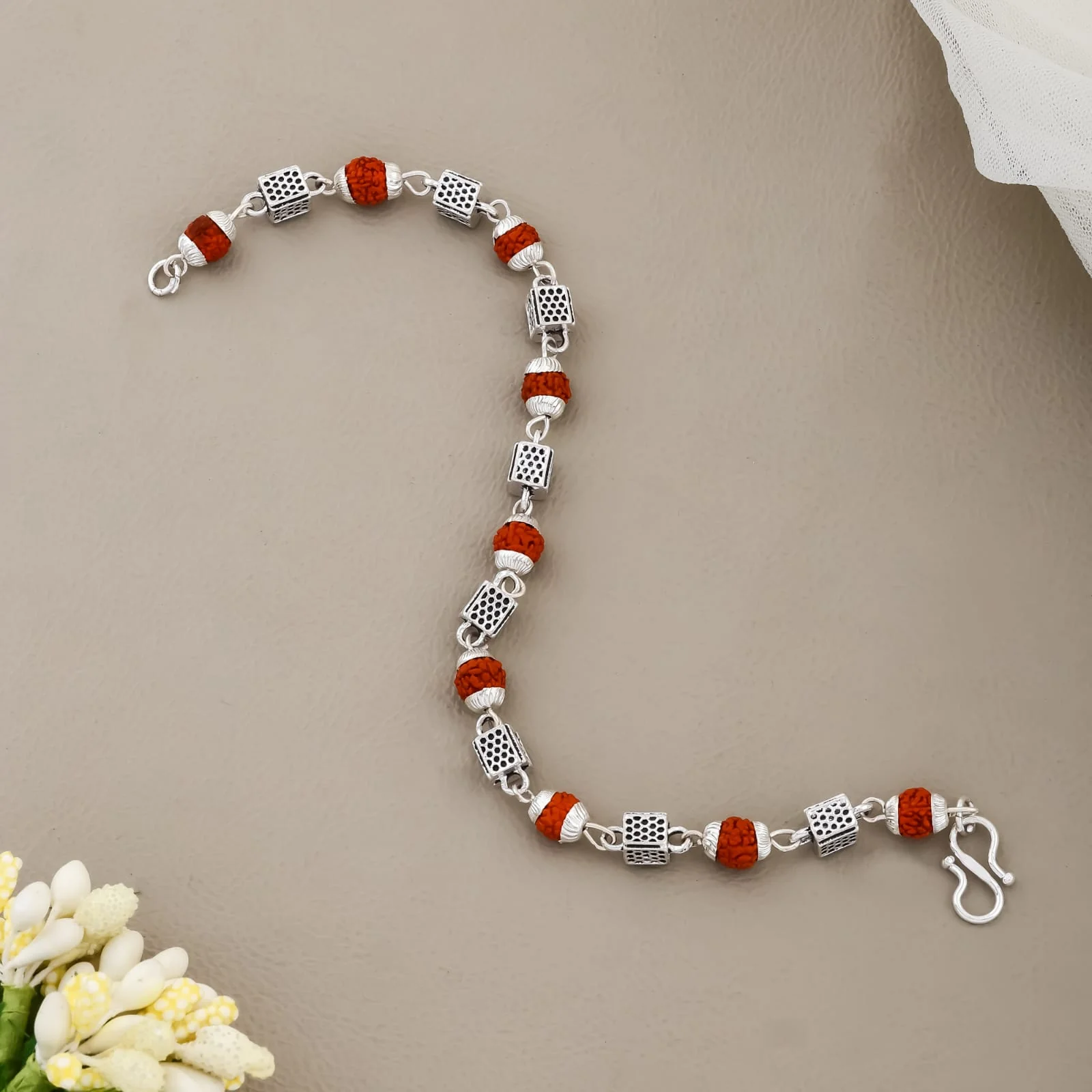 Rudraksha & Designer Silver Cube Beads Bracelet – Traditional Energy Kada for Men & Women(R-4) - Image 3