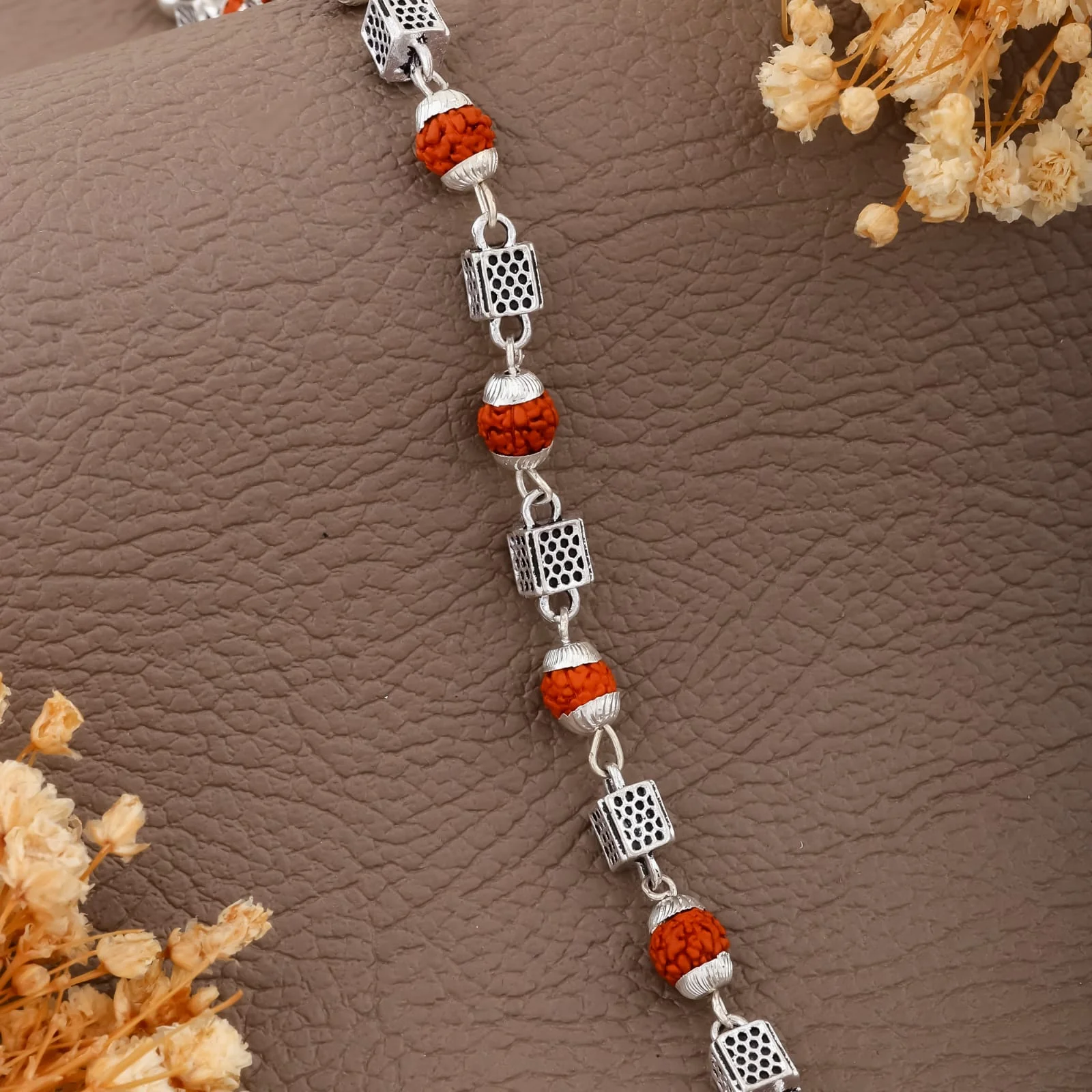 Rudraksha & Designer Silver Cube Beads Bracelet – Traditional Energy Kada for Men & Women(R-4) - Image 4