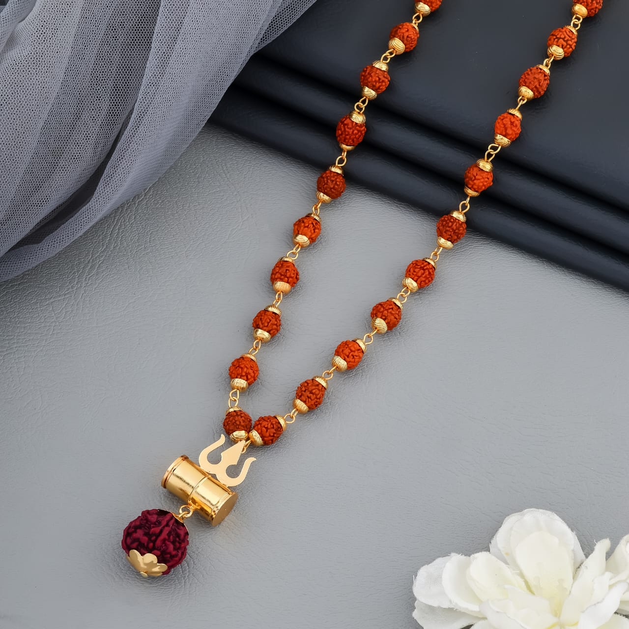 Rudraksha Trishul Damru Mala with Gold Plated Chain(R-10) - Image 3