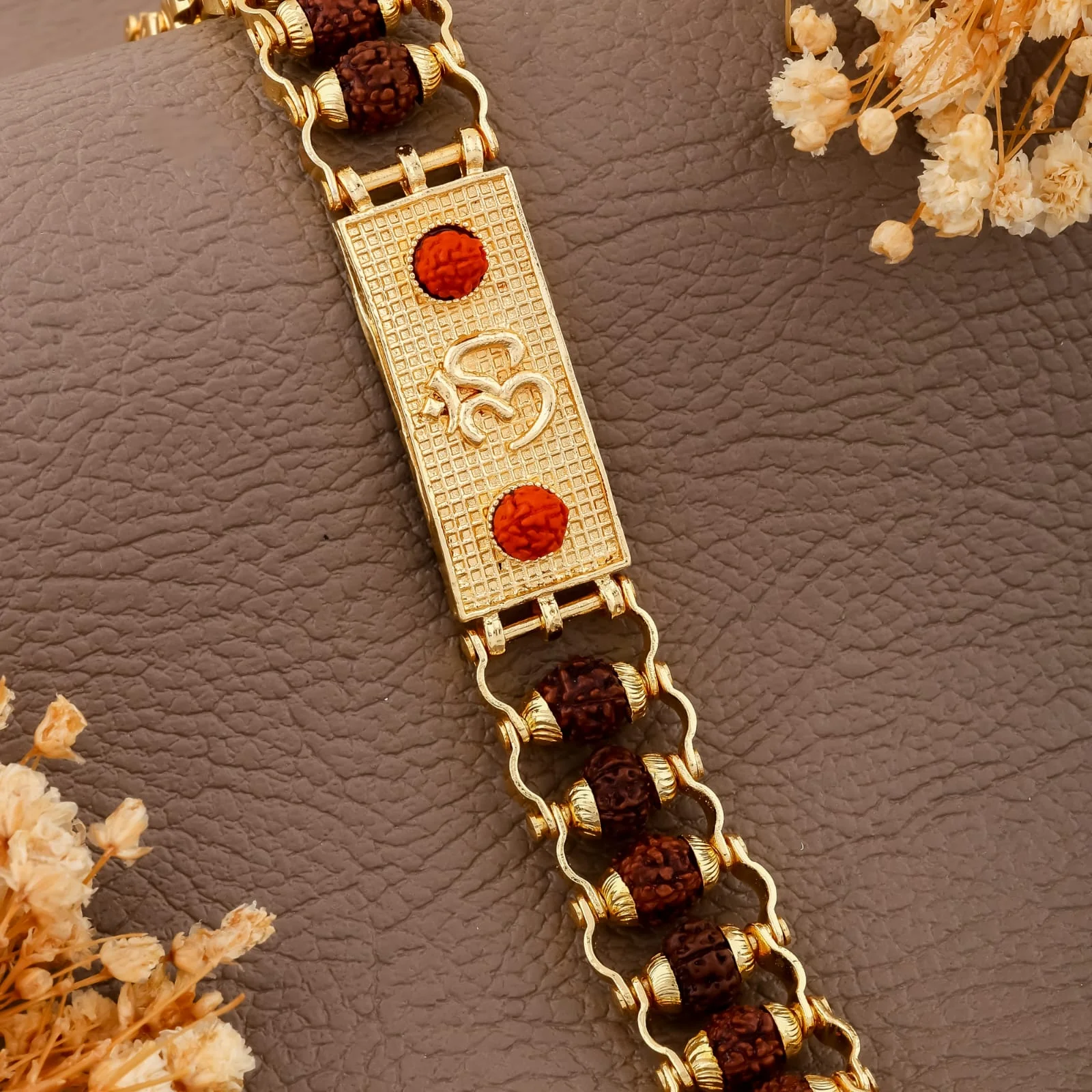 Spiritual Rudraksha Om Bracelet – Gold Plated for Men(R-8) - Image 3