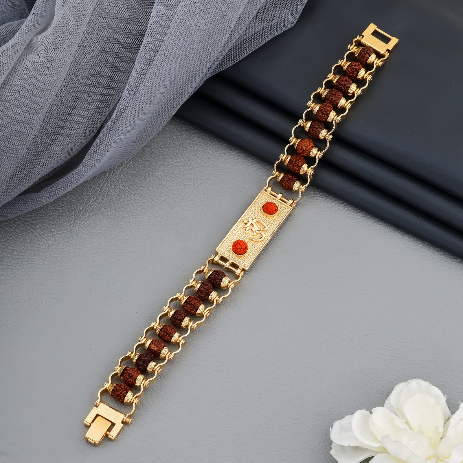 Spiritual Rudraksha Om Bracelet – Gold Plated for Men(R-8) - Image 4