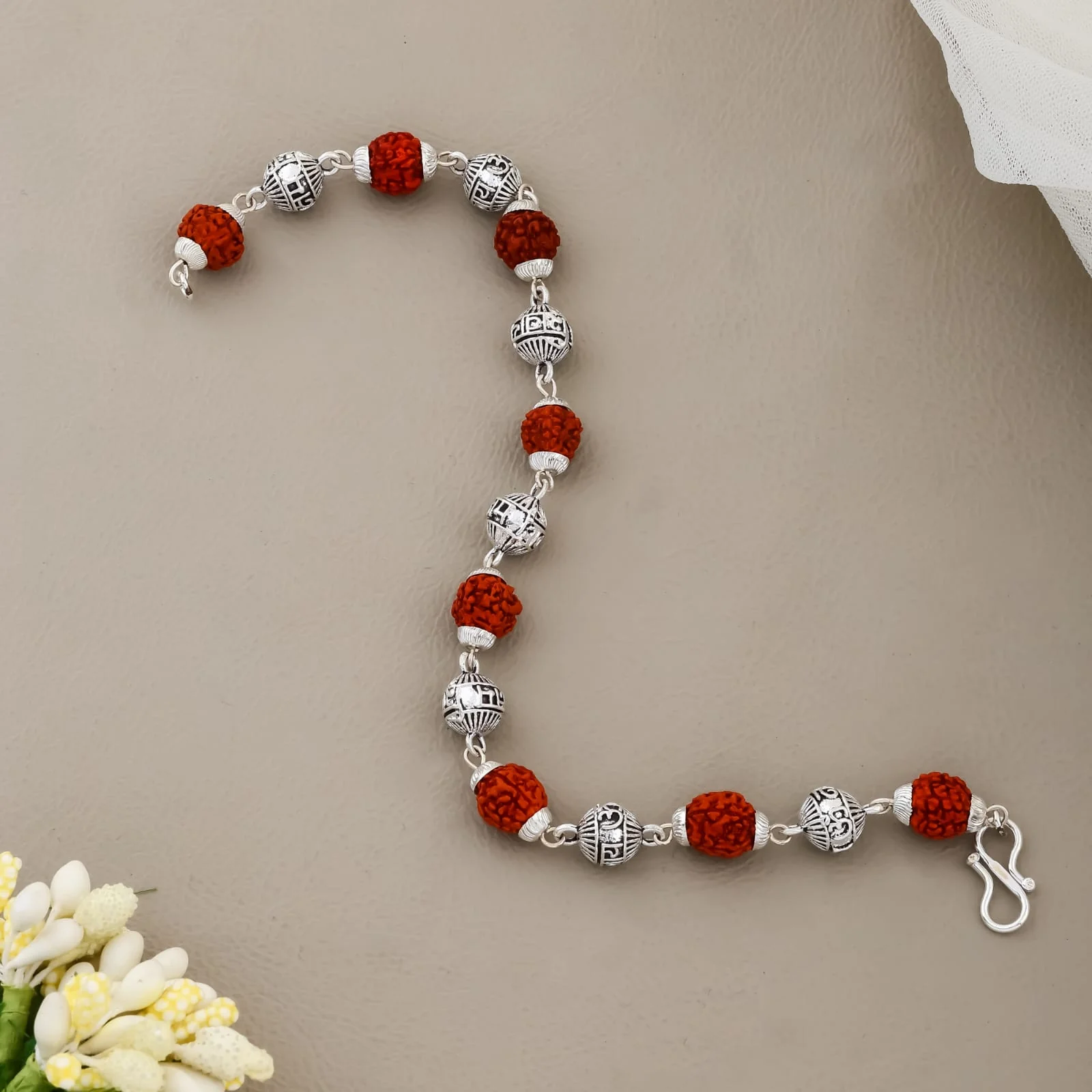 Spiritual Rudraksha & Silver-Toned Beads Bracelet – Handcrafted Hindu Healing Kada(R-3) - Image 3