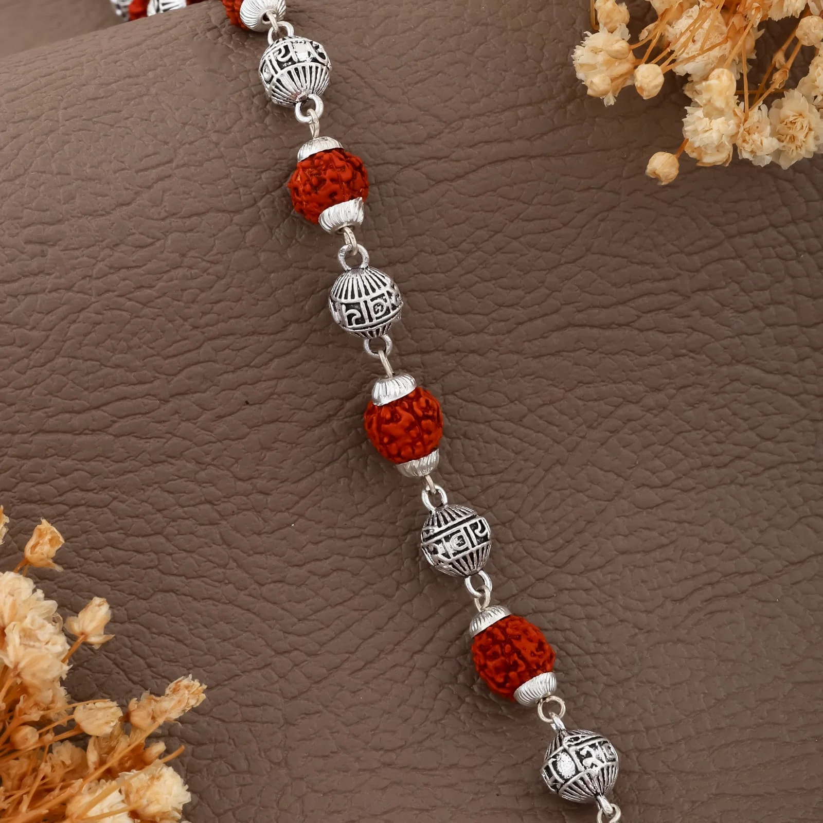 Spiritual Rudraksha & Silver-Toned Beads Bracelet – Handcrafted Hindu Healing Kada(R-3) - Image 4